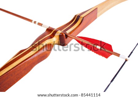 Homemade archery recurve hunting bow with arrow, isolated on white