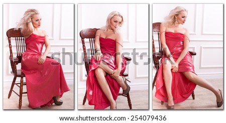 sexy sensual blonde woman in red dress with long hair sitting on the chair. photo triptych collage