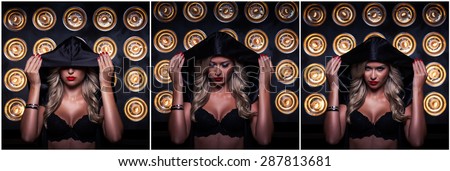Fashion Portrait of sexy blonde woman in dark hood. Photo collage