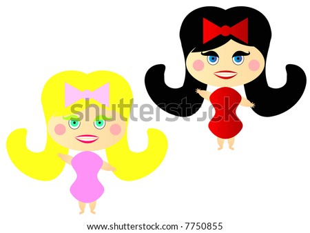 stock photo : cartoon girls with yellow and black hair with red bows