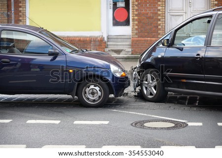 car crash or auto accident with front-end collision