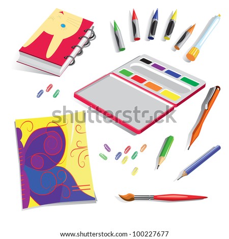 School belongings, including: exercise book, colours, notebook, pen, cereous pieces of chalk, brush, pencils  and paper clips