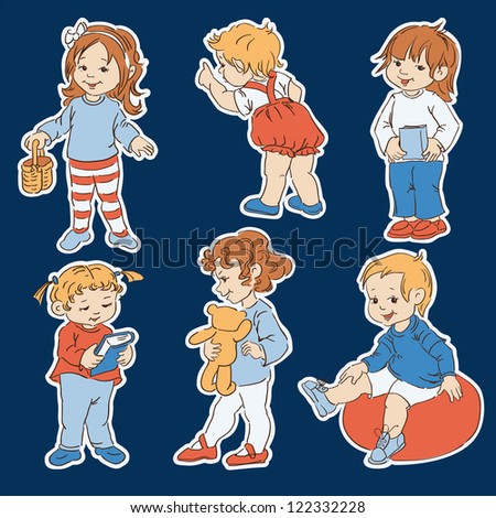 Small Cartoon Children - The Vector Set Isolated On A Blue Background