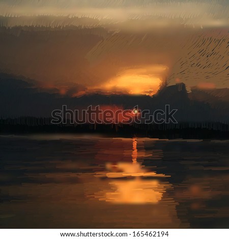 Picturesque landscape - a sunset on the river.Vector illustration.