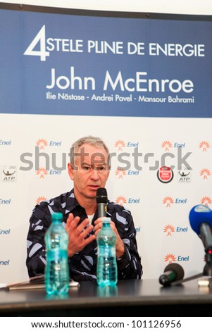 BUCHAREST, ROMANIA- APRIL 24: John McEnroe, tennis legend speaks to the media during BRD Nastase Tiriac Trophy press conference, on April 24, 2012, at Arenele BNR, in Bucharest, Romania
