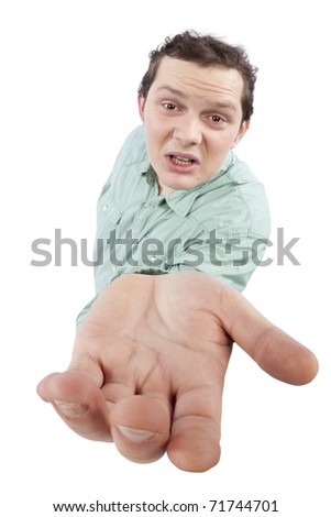 Distorted image of a man begging. Fish-eye lens used. Studio shot. Isolated on pure white background.