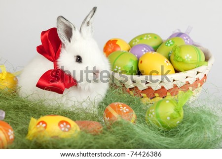 White Easter bunny with red bow on his neck is sitting on grass, next to a basket full of painted eggs. High resolution image taken in studio.