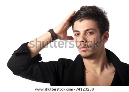 Portrait of a young man with cool hairstyle. Isolated on white background. Studio horizontal image.