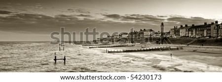 Sepia toned panoramic view of southwold looking form the pier