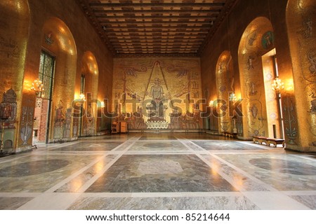 Golden hall room inside the City Hall in Stockholm where the Nobel prize winners are thrown a dinner and dance banquet
