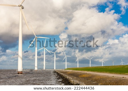 Wind turbines on a sea dike in holland