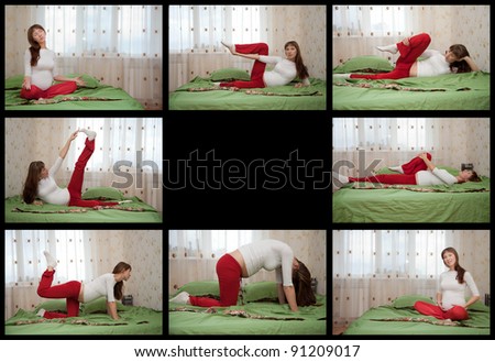 pregnant woman doing yoga on black background