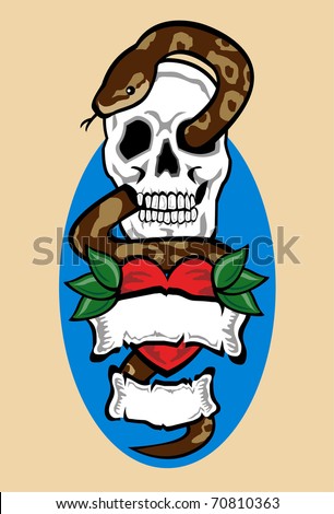 stock vector Skull Snake Heart and blank scrolls tattoo design Skull