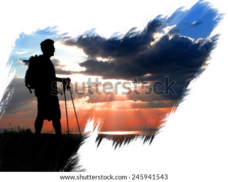 Silhouette of Hiker at the hike beginning with a sunset painted on canvas
