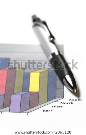 Detailed closeup of a pen isolated on white background with business chart