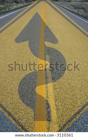 Yellow street sign for curves ahead with blue sky