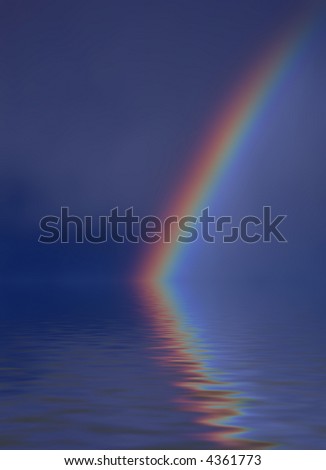 Colorful bright rainbow set against stormy sky with reflection