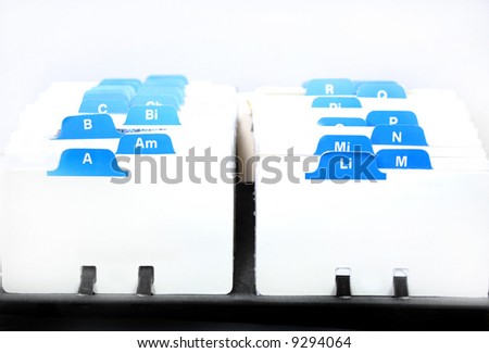 Index cards organized in a row by letter of the alphabet