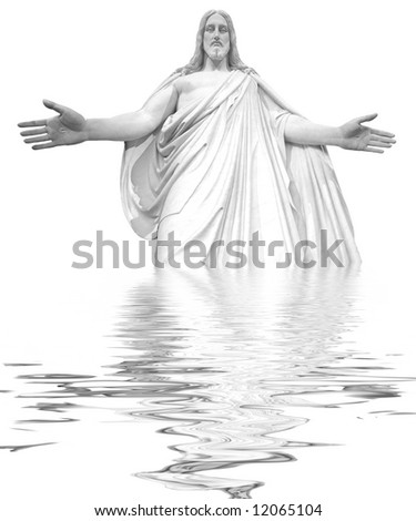 Jesus reflected in water with stormy clouds in background