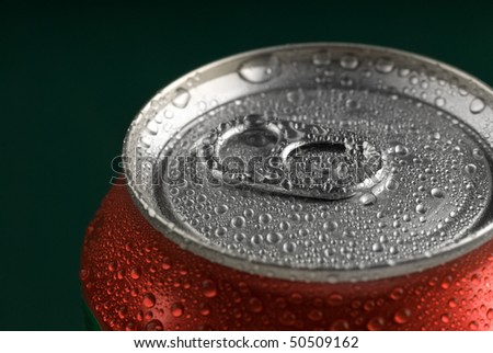 Closeup of soda or pop can with drops of water for fresshness