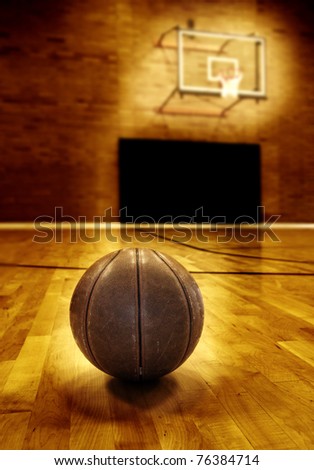 basketball court floor. stock photo : Basketball on wooden floor of old asketball court