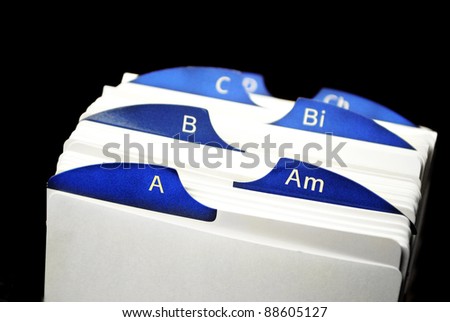 Index cards organized in a row by letter of the alphabet
