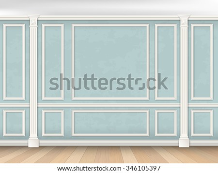 Blue wall interior in classical style with pilasters and moldings. Architectural background. (The color of the walls can be easily changed)
