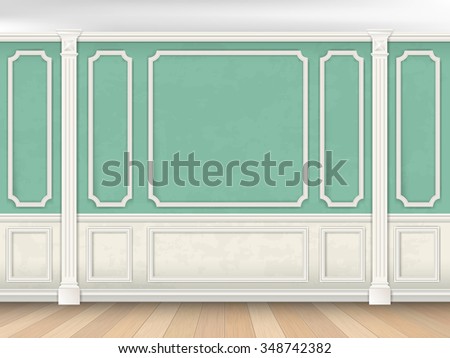 Green wall interior in classical style with pilasters and moldings. Architectural background.