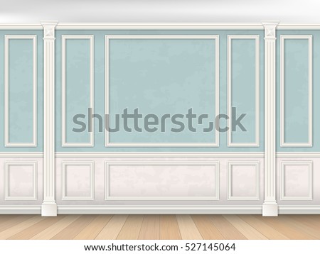 Blue wall interior in classical style with pilasters, moldings and white panel. Architectural background.