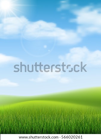Bright nature landscape with sky, hills and grass. Rural scenery. Field and meadow. Vector illustration.