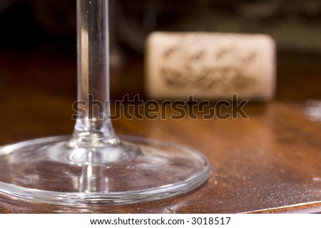 Still life object of wine glass and wine cork with selective focus