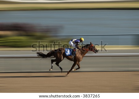 Jockey on a horse racing on race track