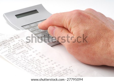Person calculating bills using calculator studio isolated on white background