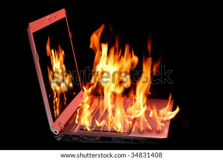 Image of laptop with fire burning from being over-used