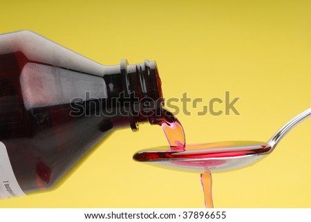 A bottle pouring cough syrup into a spoon with a yellow background