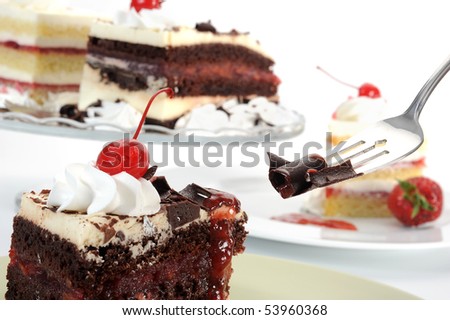 Extreme close-up image of delicious cake with a fork with chocolate
