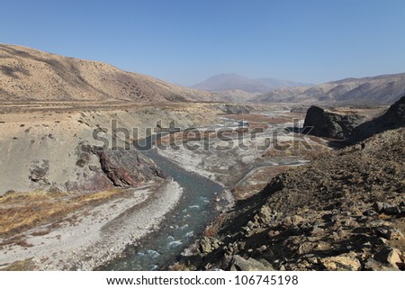 Karnali river runs through an arid landscape in Tibet