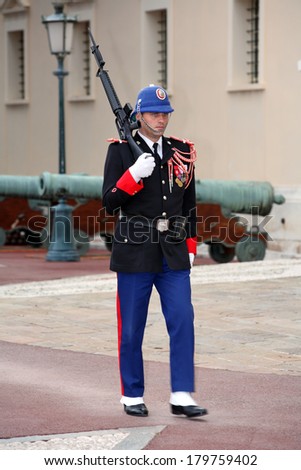 MONACO - APRIL 18, 2009: Guard on duty at official residence of Prince of Monaco. The  Guards unit was created in 1817 to provide security for the Palace, the Sovereign Prince and his family
