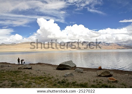 Shooting film in the Himalayas (high altitude lake in Tibet)