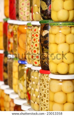 Vegetable market in Morocco: pickled olives and vegetables