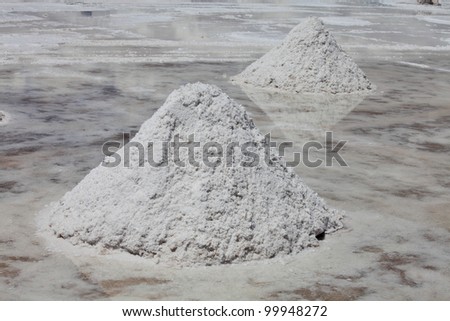 Piles of salt on the surface of the Salar de Uyuni salt lake, Bolivia