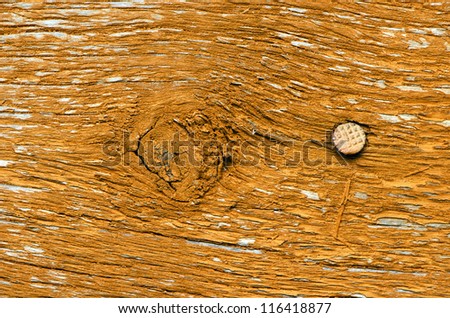 Background of retro wooden board wall painted brown and nail head.