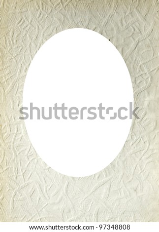 Isolated oval place for text photograph image surrounded old paper texture wallpaper wall.