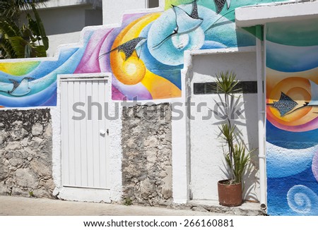 Colorful exterior of the house in San Miguel resort town (Cozumel island, Mexico).