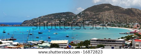 The panoramic view of Philipsburg town bay on St.Maarten island, Netherlands Antilles.