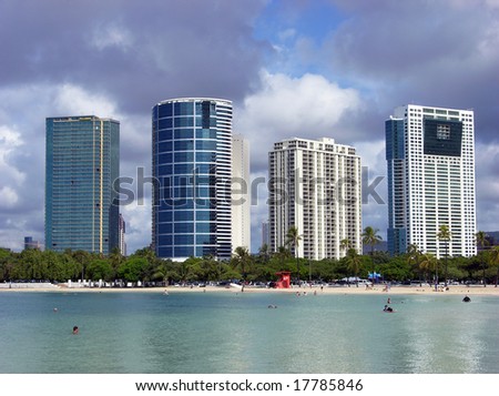 Honolulu skyscrapers next to the beach (Hawaii).