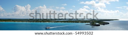 The panoramic view of Half Moon Cay, the popular vacation island in Caribbean (The Bahamas).
