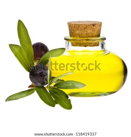 Olive oil - in a small glass bottle, decorated with a small twig with black olives, fruit, isolated on white background