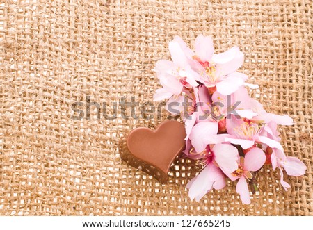greeting card for Valentine's Day with chocolate heart symbol  and almond blossom with needle on fabric sack texture background