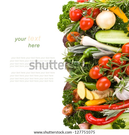 Fresh Vegetables And Herbs Isolated On A White Background With Sample Text